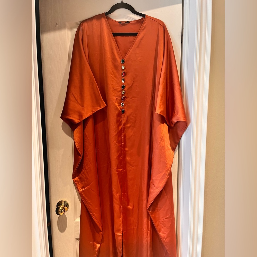 Satin Orange Kaftan with Jewelled Buttons